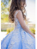 Sky Blue Beaded Lace Tulle 3D Buttterfly Fairytale Flower Girl Dress